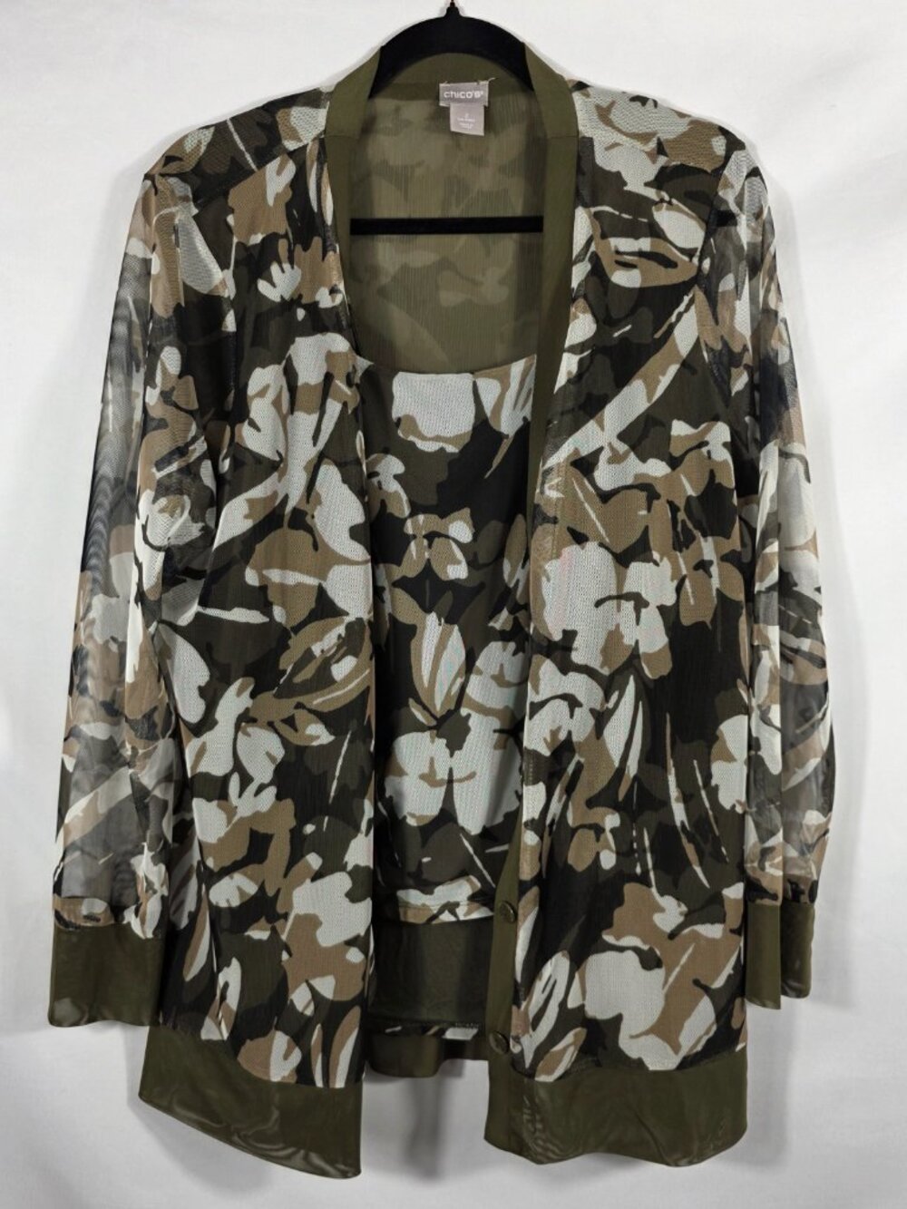 Chico's Green Camo Floral Mesh Cardigan Sweater Size Large Matching Tank Top